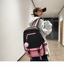 Women s Black/Pink Colorblock Backpack Zip Buckle Closure w/ Bag Charm