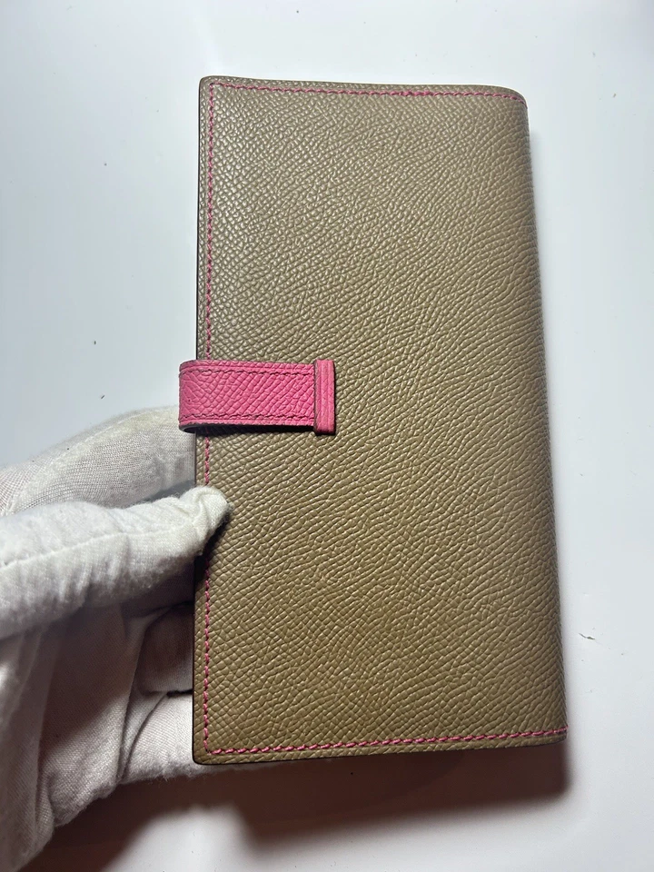 Cartera larga plegable HERMES Epsom Bearn rara gris/rosa plateada herrajes Foto 4 de 4