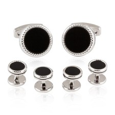 Tuxedo Cufflinks Studs Formal Set Black Enamel Silver with Presentation Box G...