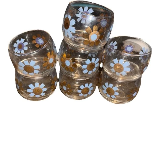 Vintage 1950 Federal Glass Roly Poly Tumbler Daisy Glass Set of 7 🚩As Is 🚩