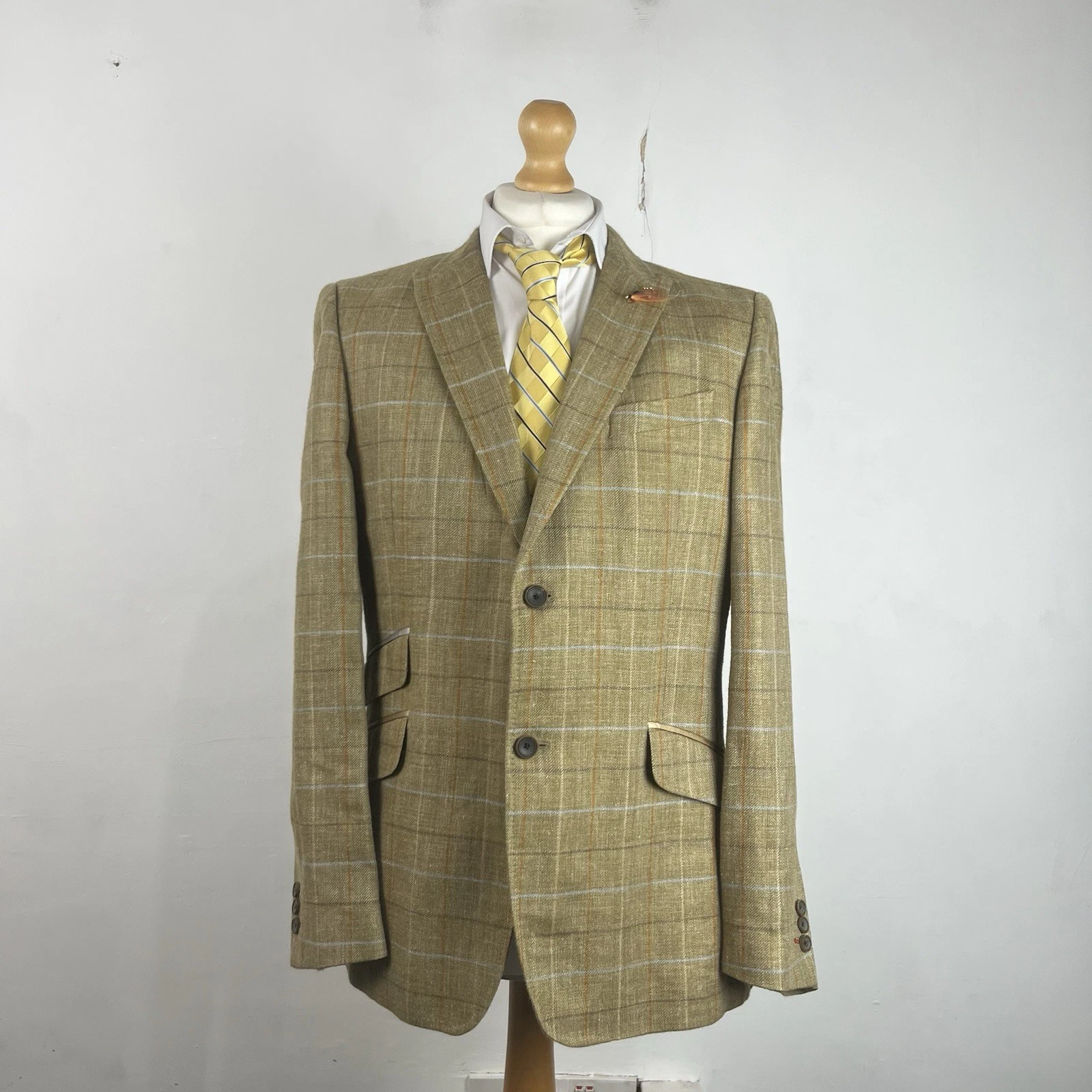 Ted Baker Tight Lines Blazer Jacket Men's 42R Light Brown Check Silk Linen Sport