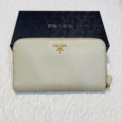 Portefeuille long Prada rond blanc beige authentique