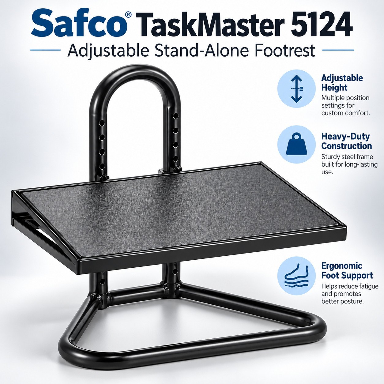 Safco TaskMaster 5124 Adjustable Heavy Duty Ergonomic Stand Alone Footrest Black