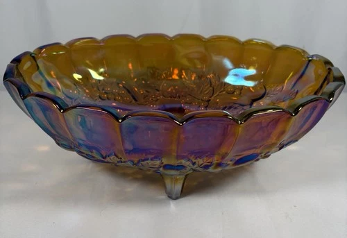 Vintage Carnival Glass Bowl Footed Indiana Glass AMBER Iridescent Fruit Theme