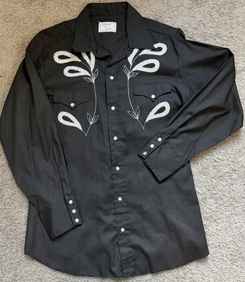 Vintage H Bar C Western Ranchwear Shirt Men's LongTail Black Pearl Embroidered M