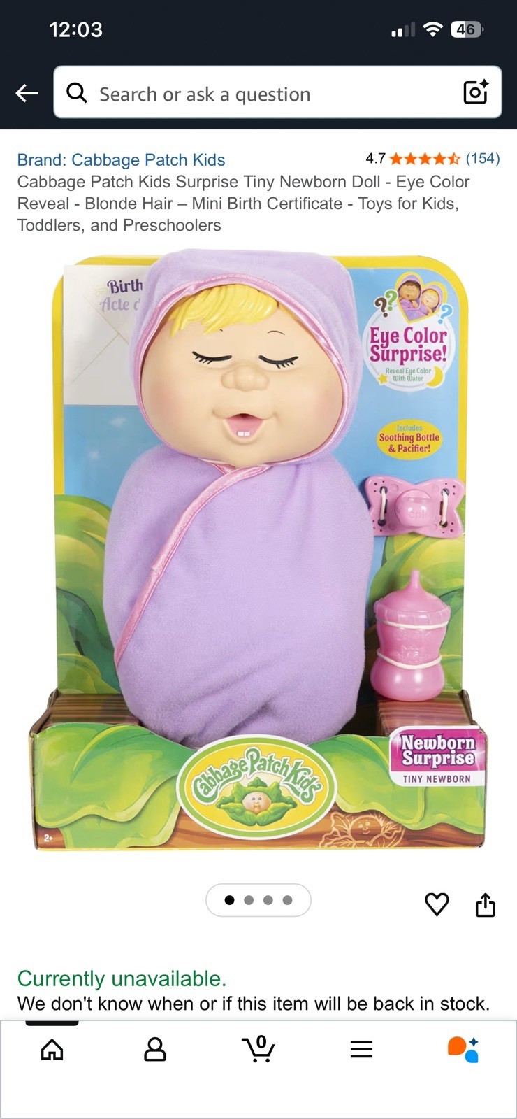 Cabbage Patch Kids Tiny Newborn Doll Eye Color Surprise