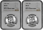 1954 + 1955 50C Silver Franklin Half Dollar NGC MS 64 White Two Coin Lot