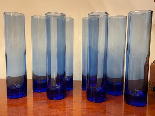 Vintage set of (8) Cobalt Blue Cylinder Bud Vase Champagne Flute Glasses - Picture 12 of 12