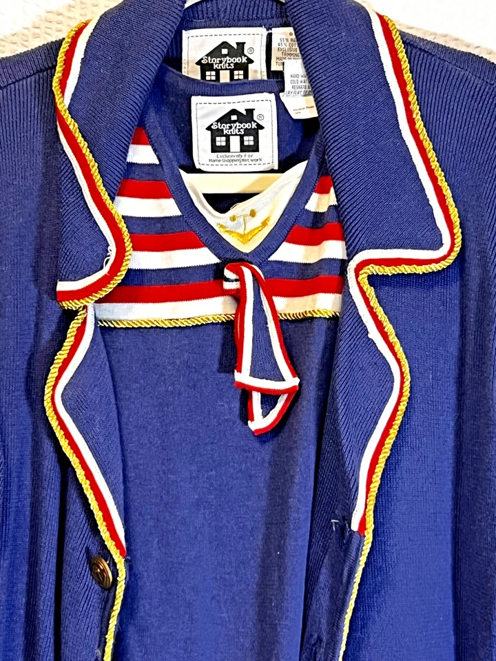 De Colección Libro de Cuentos Tejidos Azul Náutico Crucero Cárdigan Suéter Tanque Conjunto Pequeño Resort Foto 4 de 4