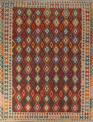 Dual-Sided Kilim Kelim Rugs Flatweave Wool Carpet 9x11 ft