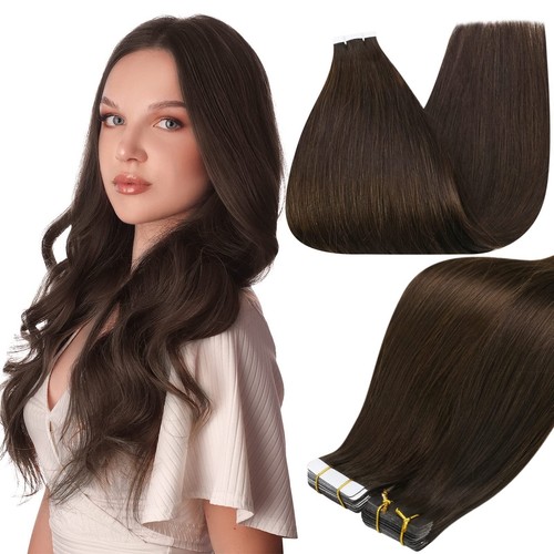 Full Shine Brown Tape Hair Extensions Real Human Hair 20 Inch Skin Weft Seaml...
