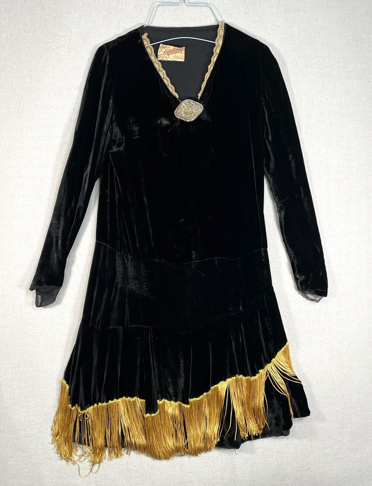 ANTIQUE 1920s Black Gold Velvet Dress Fringe Long… - image 1