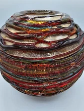 Murano Style Threaded Art Glass Vase Amber Red Venice Italy Signed