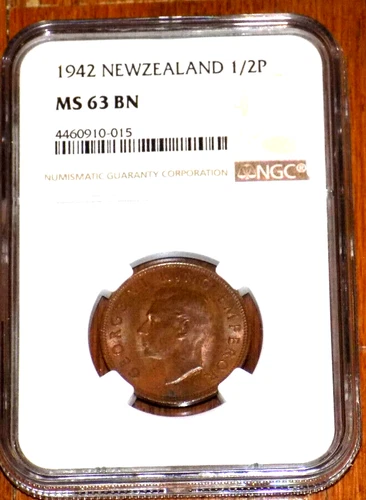 1942 NEW ZEALAND MS63 MS 63 BN HALF PENNY 1/2P NGC Certified Graded Coin