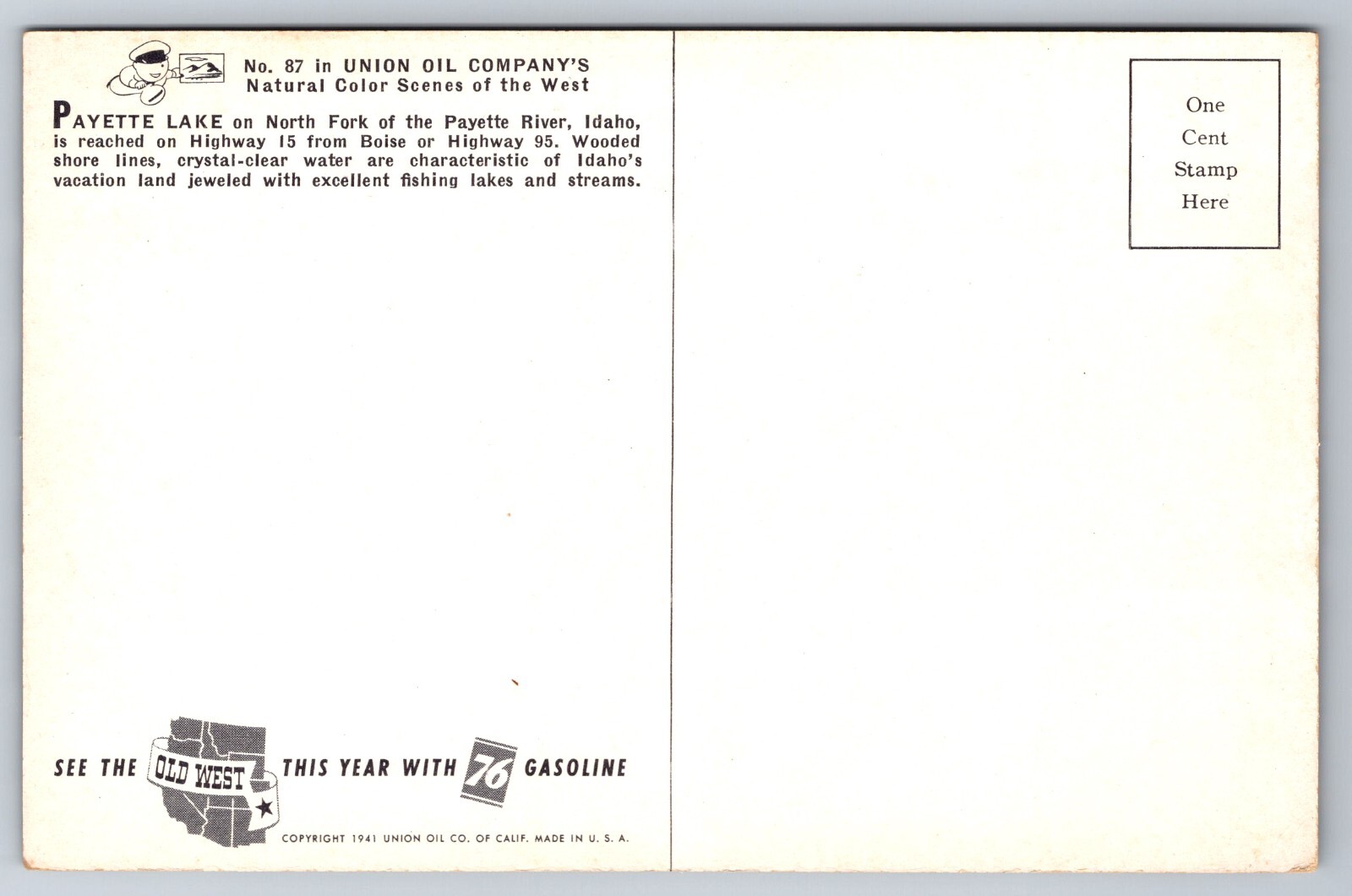 Payette Lake Idaho Vintage Postcard 76 Union Oil Company's Scenes of the West