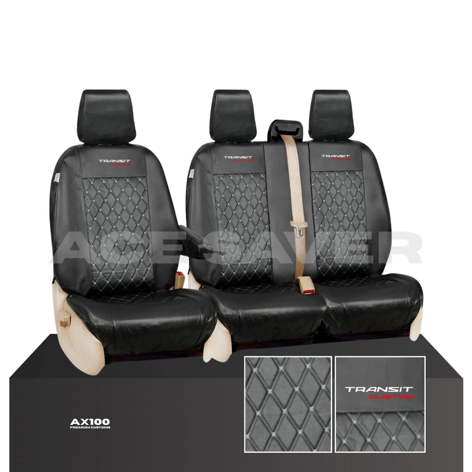 ACE SAVER FULLY TAILORED LEATHER QUILTED SEAT COVERS for FORD TRANSIT CUSTOM 2013 on