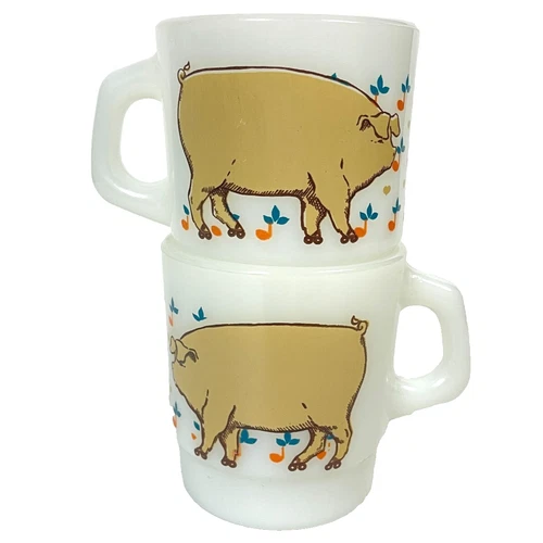 Anchor Hocking Oven Proof Pig Vtg 2 Stacking Coffee Mug Lot Hog Milk Glass USA