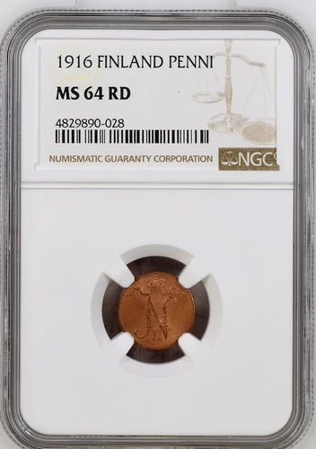 Russia Russian Finland Nicholas II 1 Penni 1916 NGC Certified MS 64 RD UNC