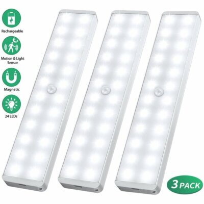 3X Motion Sensor Closet Light Dark Night Cabinet USB Stairs Room Hall 24 LED