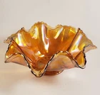 Colorful Vintage Ruffled Edge, Marigold Carnival Glass Bowl, Bursting Star Base