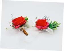 Corsage Set, Includes Wrist Corsage and Boutonniere - Handmade Petals Hair Red