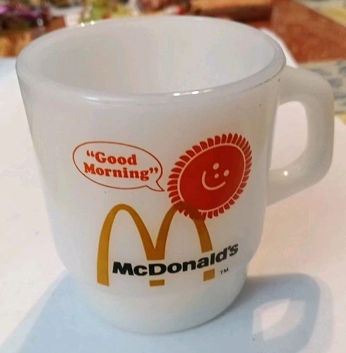 Vintage New Fire King Milk Glass McDonald's "Good Morning" Stackable Coffee Mug!