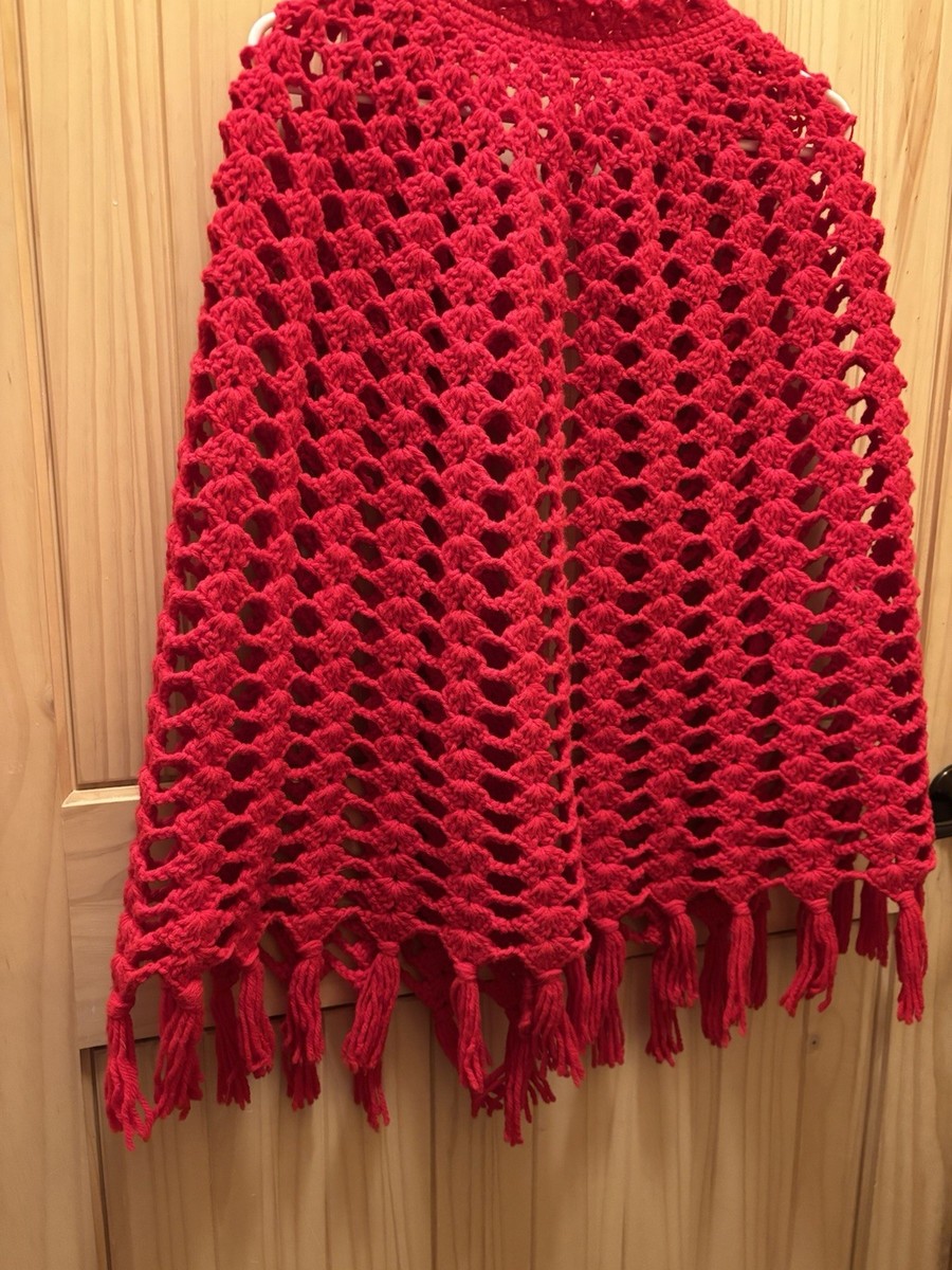 Vintage Homemade Crochet Little Red Riding Shawl View 4