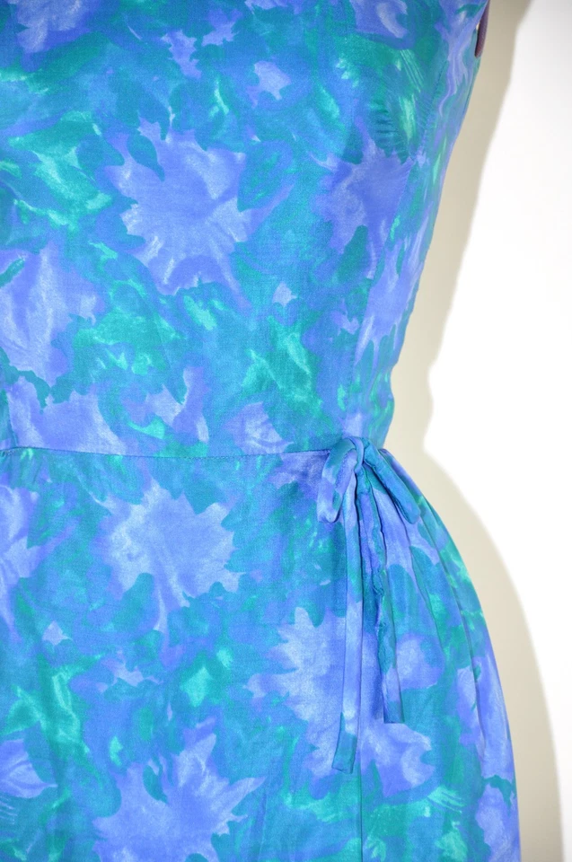 Vestido de cóctel floral de seda azul pavo real iridiscente vintage años 60 para mujer XS S Foto 3 de 4