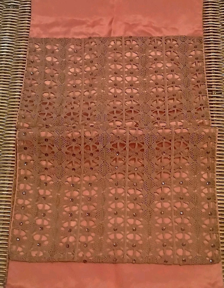 Long Table Runner Boho Brown Lace Overlay w/Sequins Over Cinnamon 66" x 12.5" - Image 4 of 4