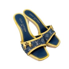 LOUIS VUITTON Vintage Logo Monogram Sandals Heels 36 Blue Yellow Leather