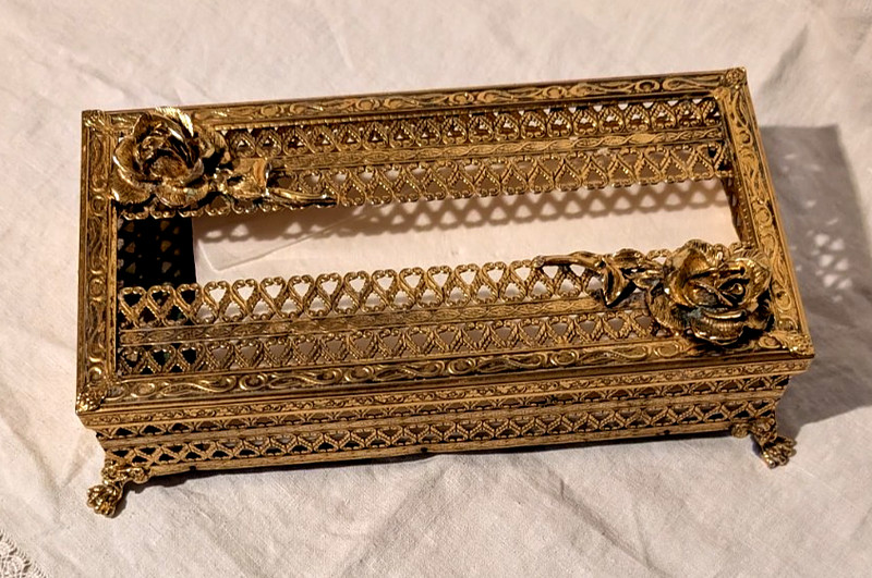 Vintage Hollywood Regency Gold Finish Metal Filigree Tissue Holder  w/ roses MCM