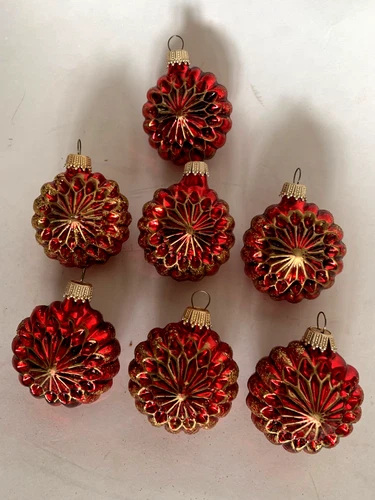HandBlown Glass Red/Gold Glittered Starburst Christmas Ornaments KS Germany 7pcs