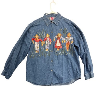 Keren Hart Vintage Denim Embroidered Fall Scarecrow Button Up Shirt Women Large 