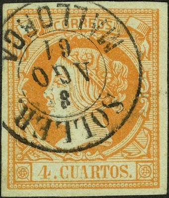 Balearic Islands. Philately. Used 52. 1860. 4 Quarters Yellow. Cancellation Soll
