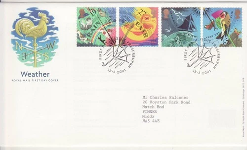 GB Stamps First Day Cover The Weather, sun, rain, storm, brolly,cat,dog SHS 2001