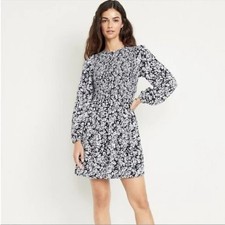 NWT Old Navy Long Sleeve Blue White Floral Dress XL Smocked Bodice
