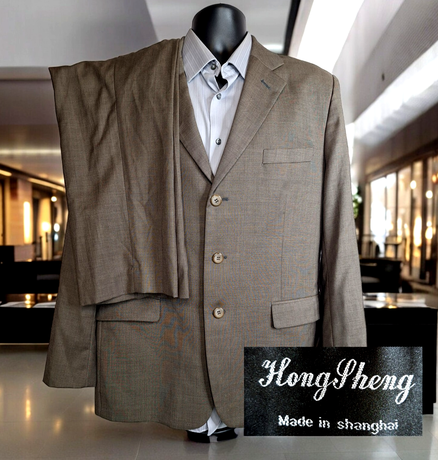 Hong Sheng 2 Piece Suit Mens 44R 38X30 Olive Brown 3 Button Single Vented