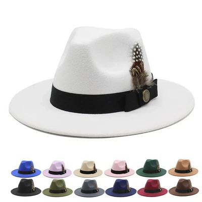 Clásico Británico Jazz Pluma Top Sombrero Ala Ancha Fedora Sombreros Hombres Mujeres Gorra Panamá - Imagen 1 de 4