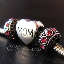 Mom Heart Shaped Charm And Crystal Birthstone Beads For European Charm Bracelets