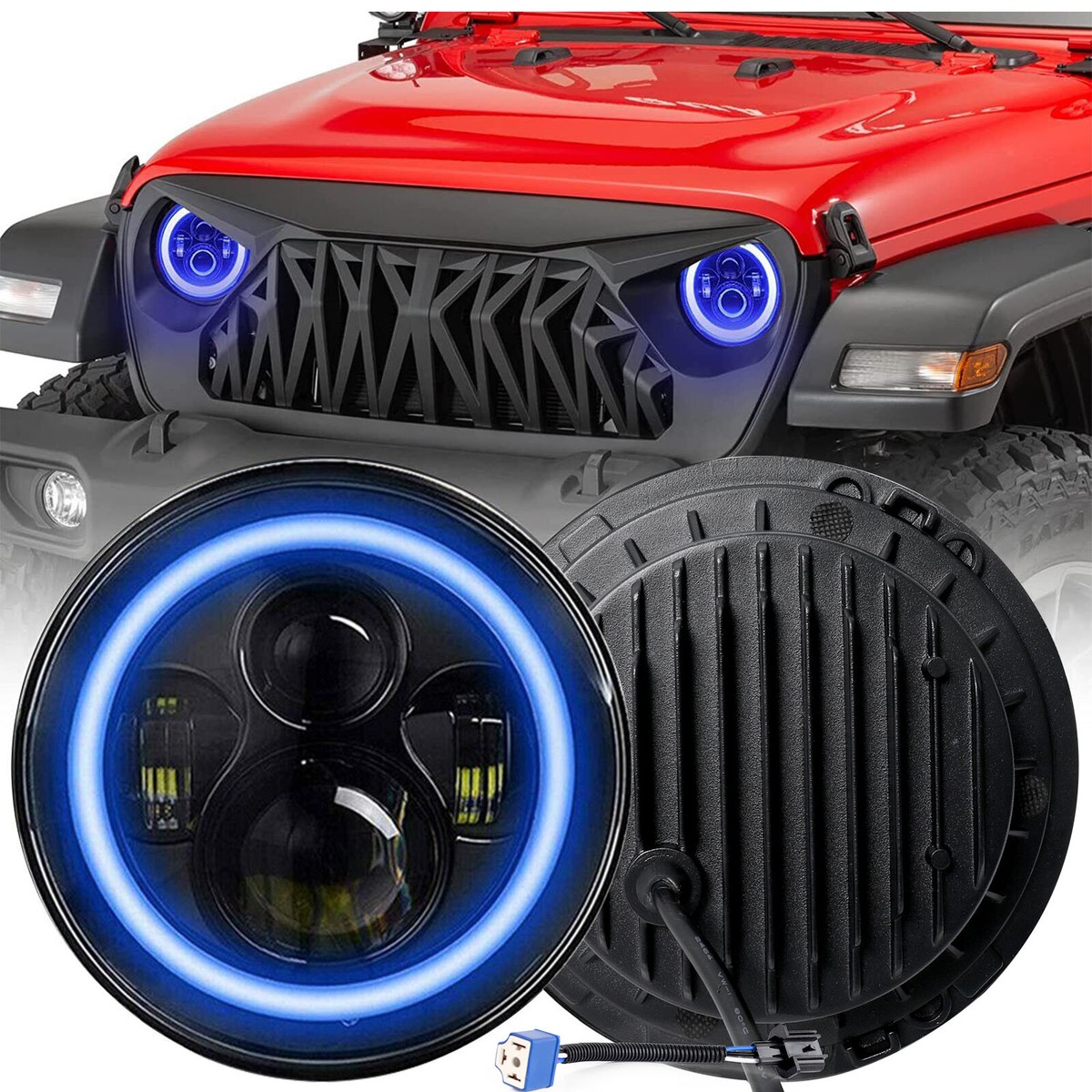 7" Round LED Headlights With Halo Angel Eyes – 60W Pair For Jeep Wrangler JK LJ TJ CJ (1997-2015)