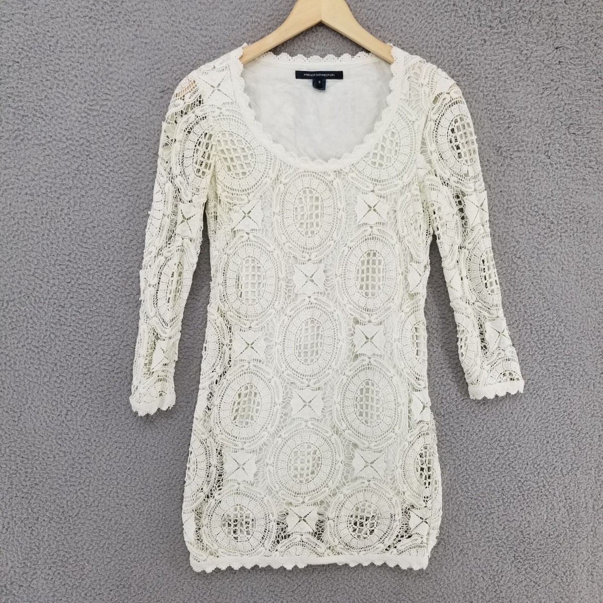 french connection dress cream French Connection Crochet Mini Dress Cream 3/4 Sleeve Eyelet Lace Size 0