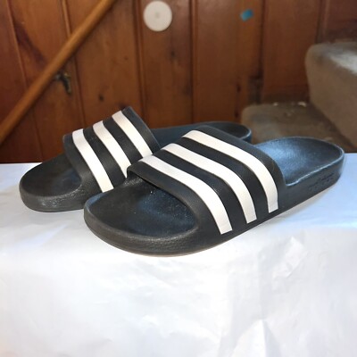 Adidas Adilette Comfort Slides Sandals Black White Stripes Mens 7 EUC