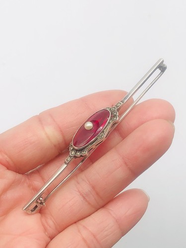 Vtg Unmarked Tested 925 Sterling Silver Pearl Red Cabochon Bar Brooch Pin - Picture 8 of 12