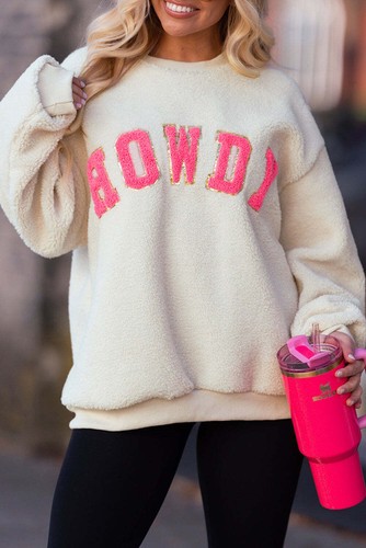 I AM A FASHION JUNKY Beige Sherpa HOWDY Patched Pullover Sweatshirt