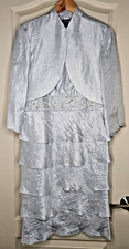 R M Richards Silver Cocktail Dress with Jacket, embroidered waistband, Women 12