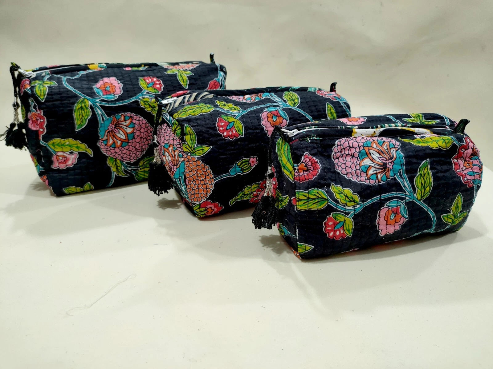 Black Floral Printed Cotton Quilted Toiletry Purse Cosmetic Storage Bag Of 3 Pc