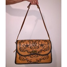 Vintage Leather Meeker Large Handbag Embossed Hand Tooled Brown