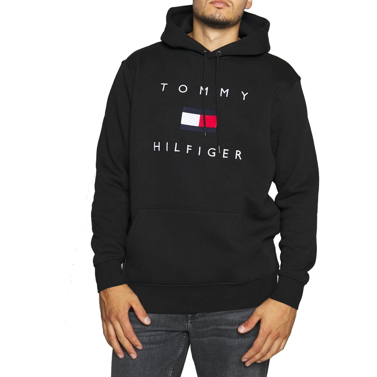 NWT - TOMMY HILFIGER Men's Flag Logo Pullover Fleece Hoodie - BLACK - S - XL