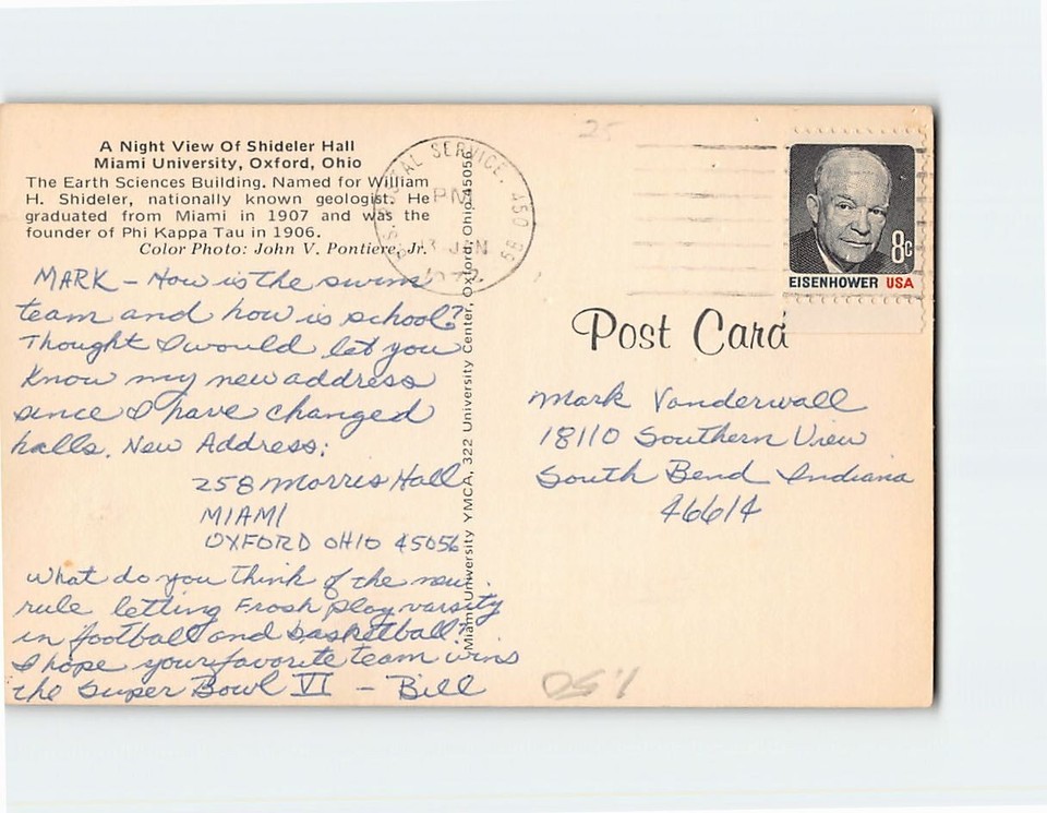 Postcard A Night View of Shideler Hall Miami University Oxford Ohio USA