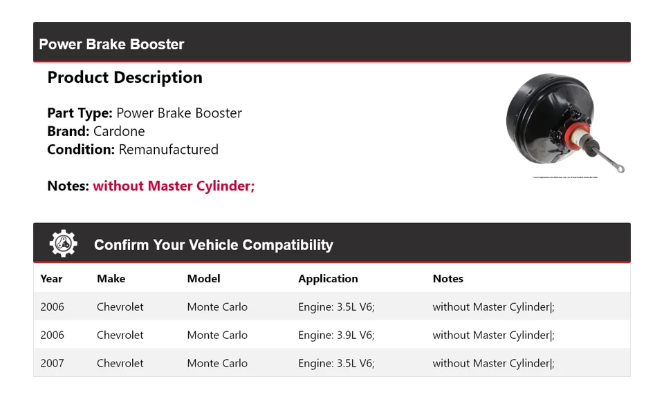 Booster de freno eléctrico Cardone para Chevrolet Monte Carlo 2006-2007 Foto 2 de 3